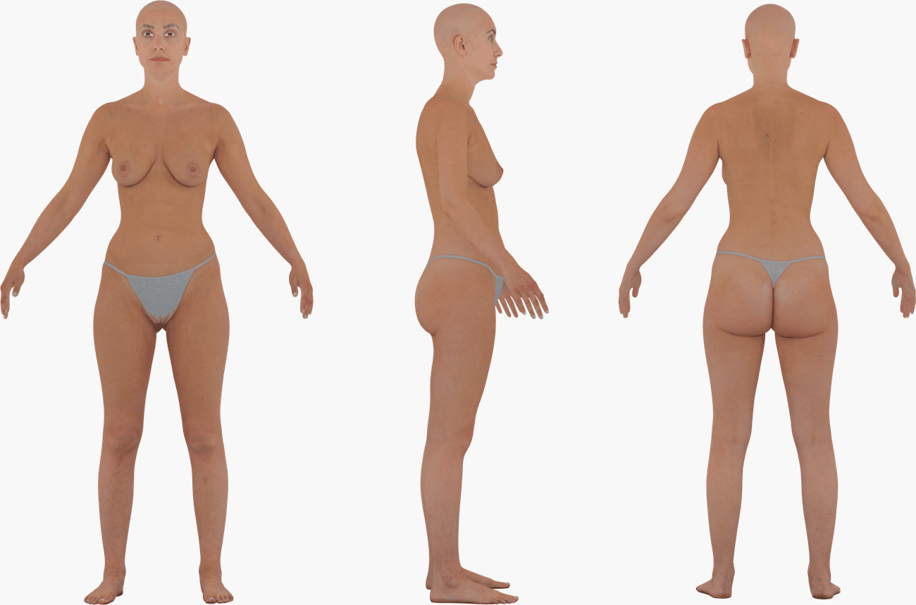 PBR texture map set for a female 3D body scan including Albedo, Normals, Specular, Metalness, and Diffuse maps